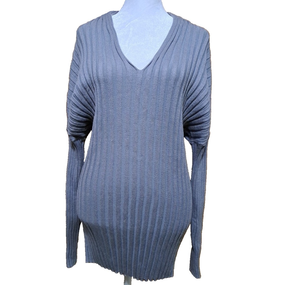 Ashley Stewart Womens Sweater 18/20 2X Grey Stretch Rayon V-Neck Knit Pullover